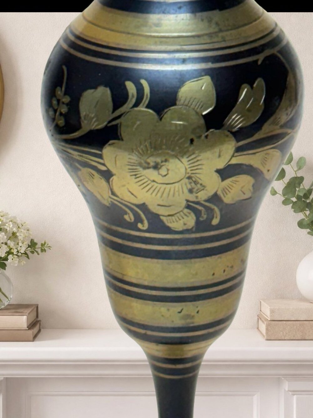Handmade Black & Gold Floral Brass Vase With Flared Rim & Pedestal Base - Made I - Picture 2 of 8